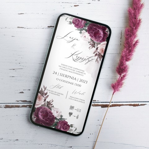 Elektroniczne Zaproszenia ślubne (e-zaproszenia) z bordowymi i białymi kwiatami - Maroon Flowers 
